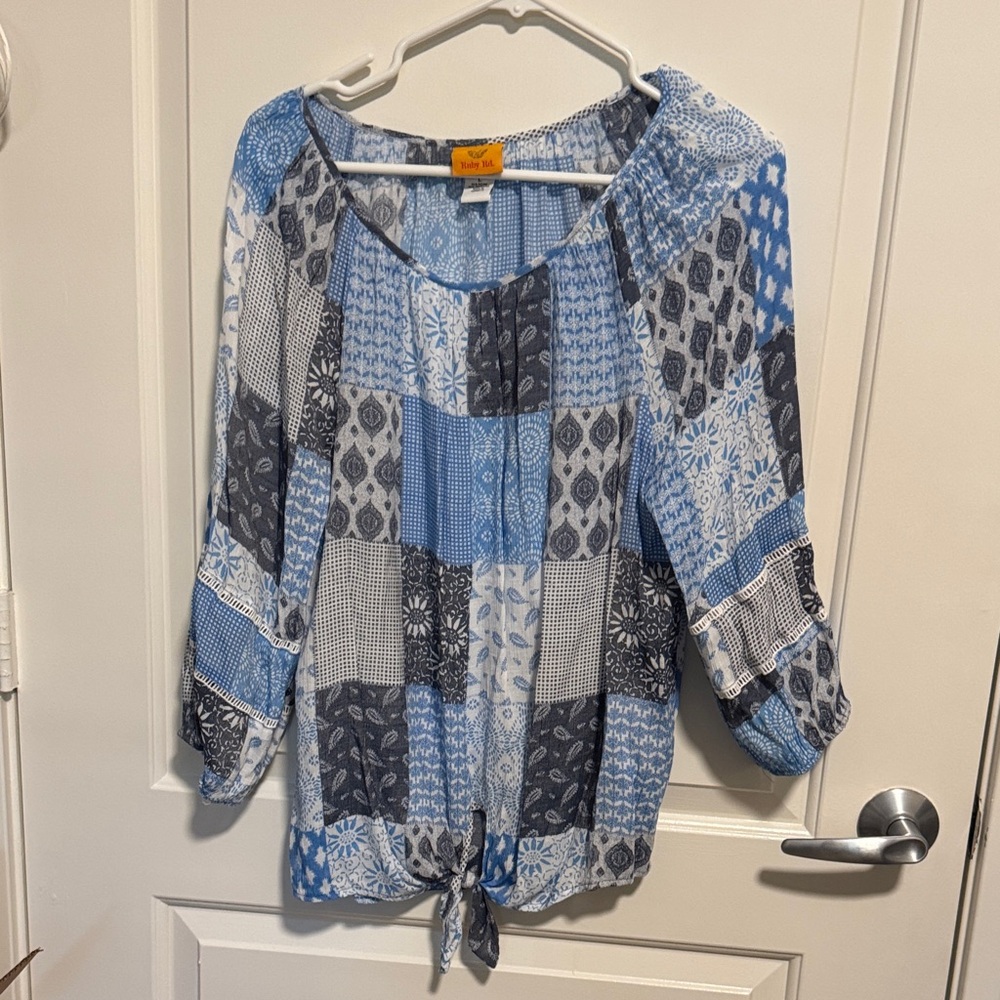 Ruby Rd. Blue And Gray Patchwork Blouse - image 1
